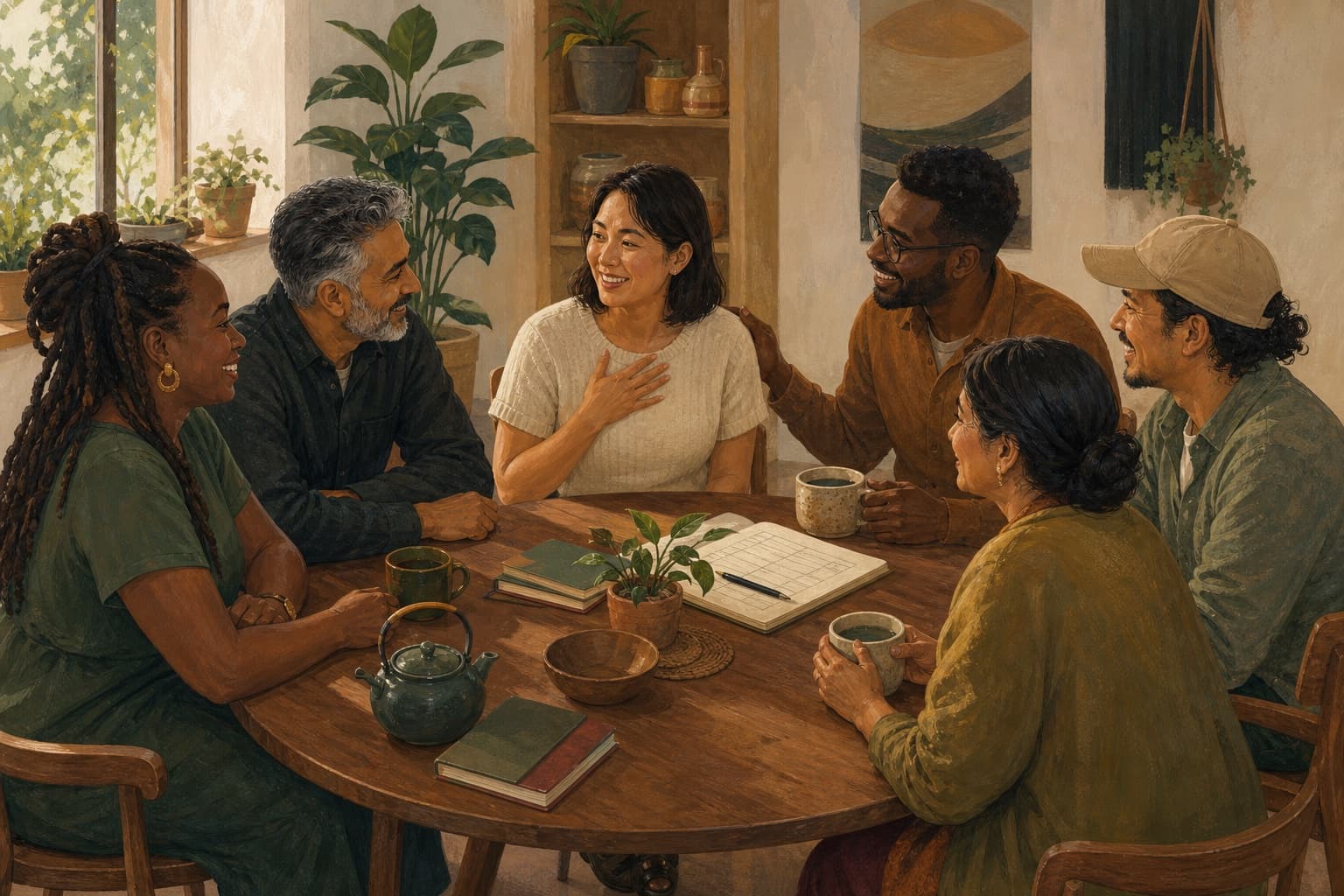 Friends from different cultural backgrounds gathered around one community savings table